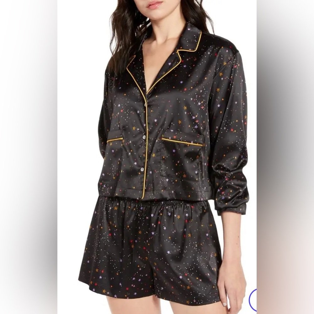 BP Black Satin Pajama Set with Star Print Size Large
